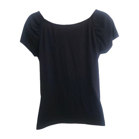 Tahari Top Womens M Black Short Sleeve Ribbed Cap Sleeves Casual Chic - Picture 2 of 6